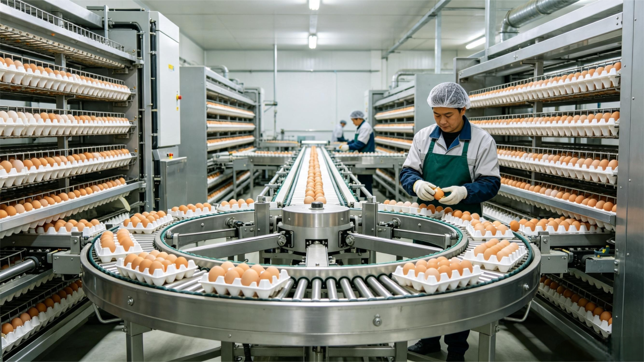 Central automatic egg collection line in a commercial layer farm, with conveyor belts transporting eggs from stacked cages to the egg grading area