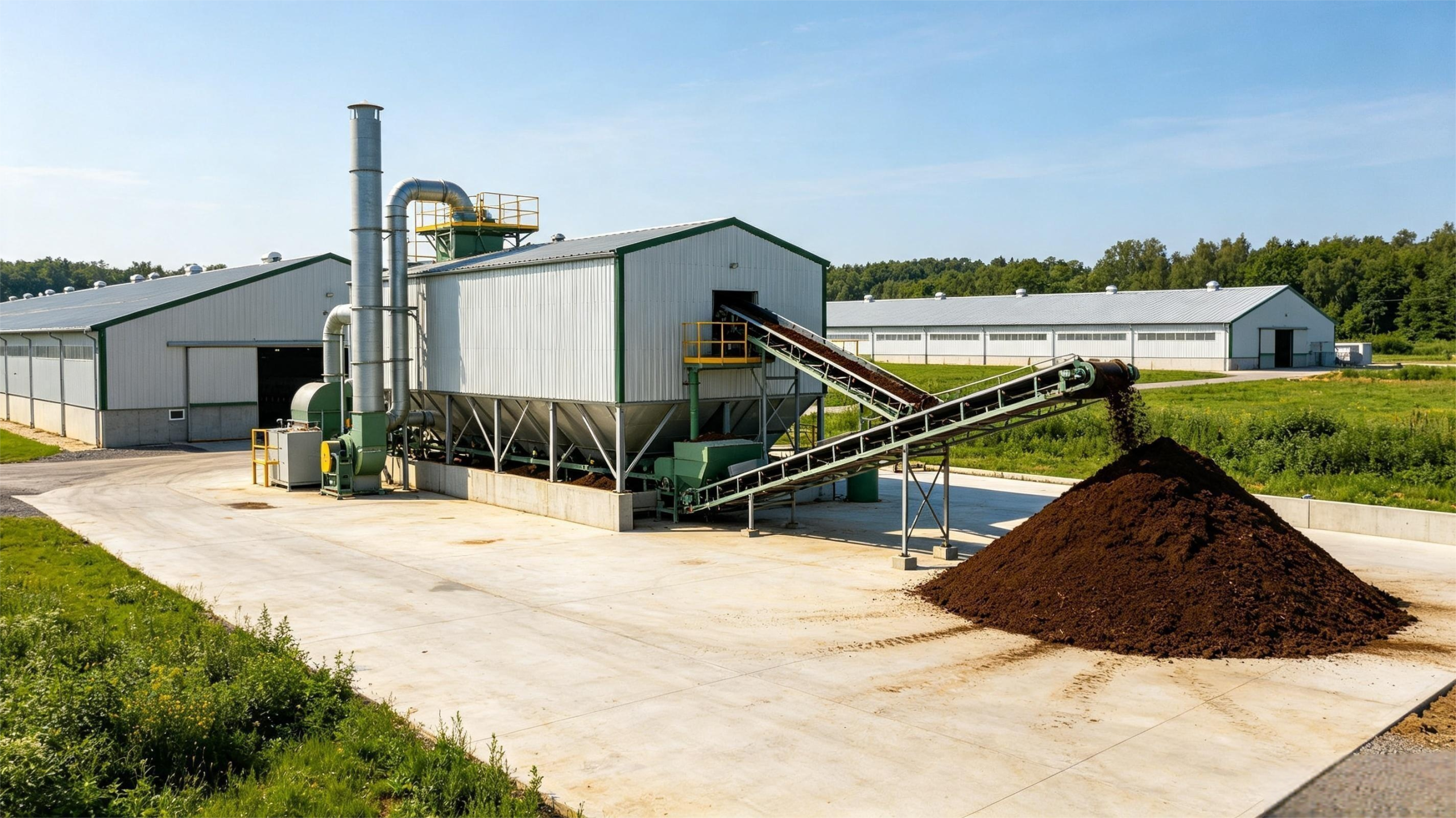 Manure recycling and organic fertilizer treatment system for a large laying hen farm, showing eco-friendly poultry waste processing equipment