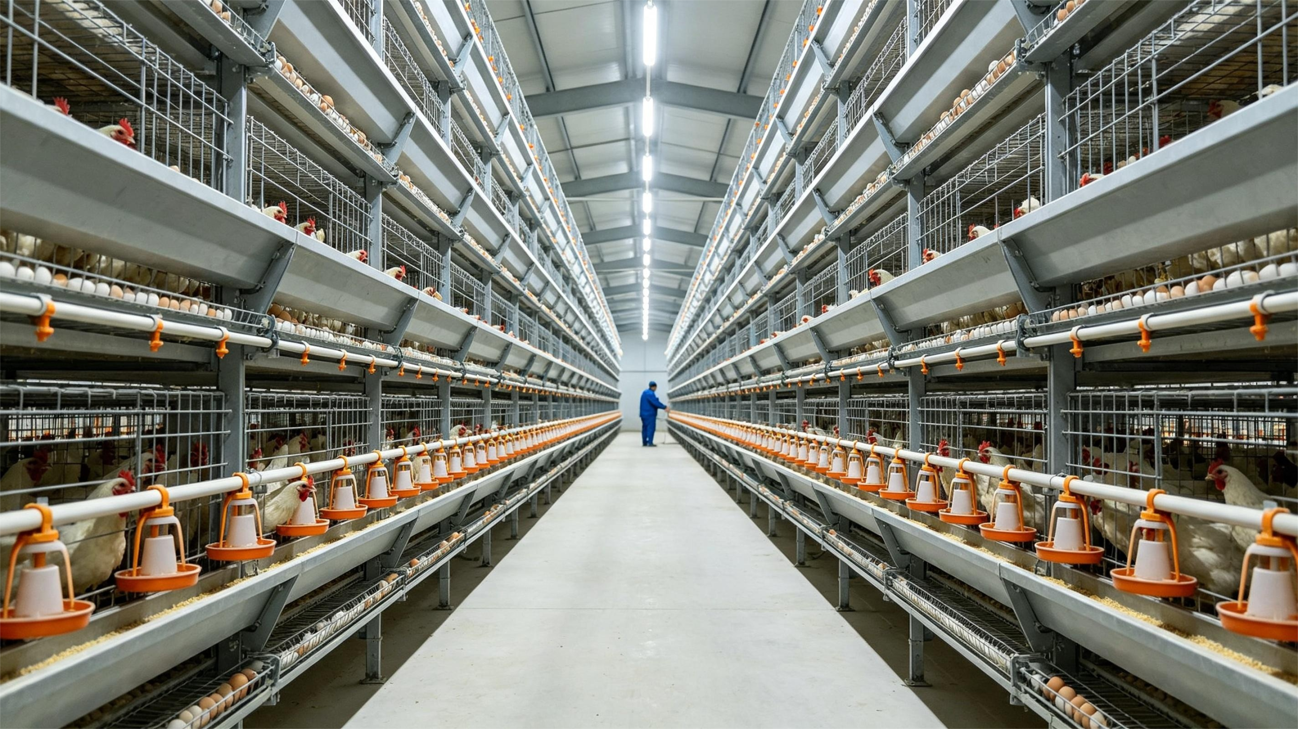 Modern automated laying hen house with stacked layer cages, automatic feeding system, and clean poultry breeding equipment inside a large-scale egg farm