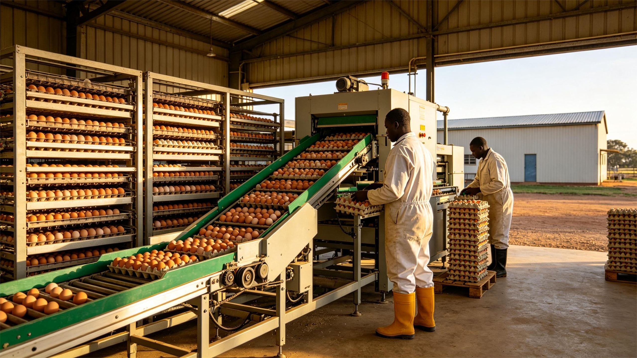 Un ouvrier sud-africain utilise une machine automatique d'emballage des œufs dans un élevage avicole