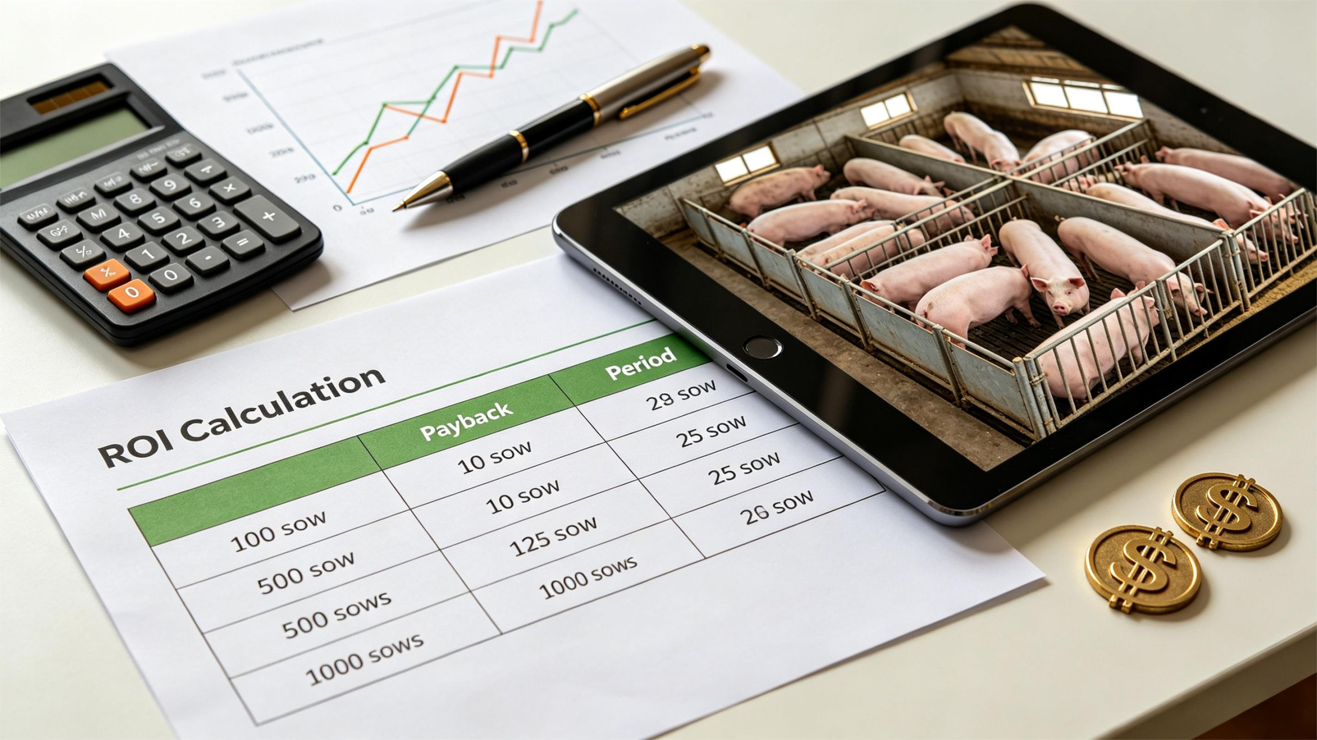 Farrowing crates ROI calculation and annual profit data for 100, 500, 1000 sow farms