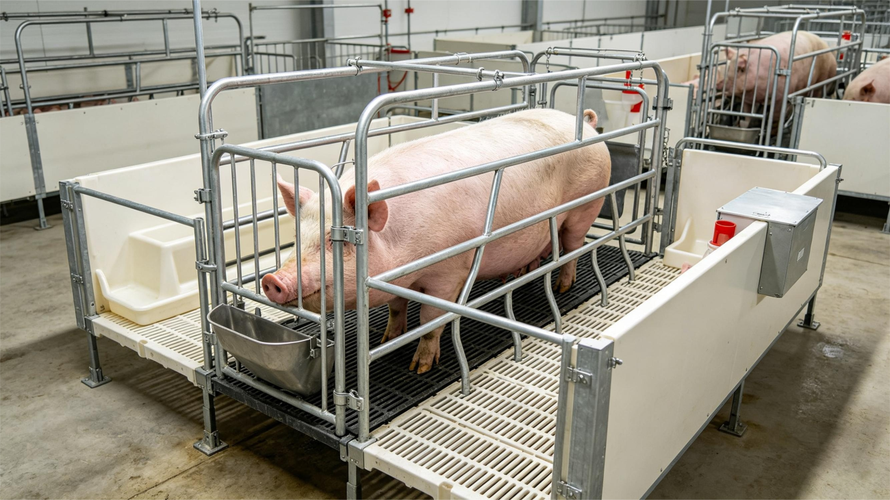 Rough homemade pig farrowing crate