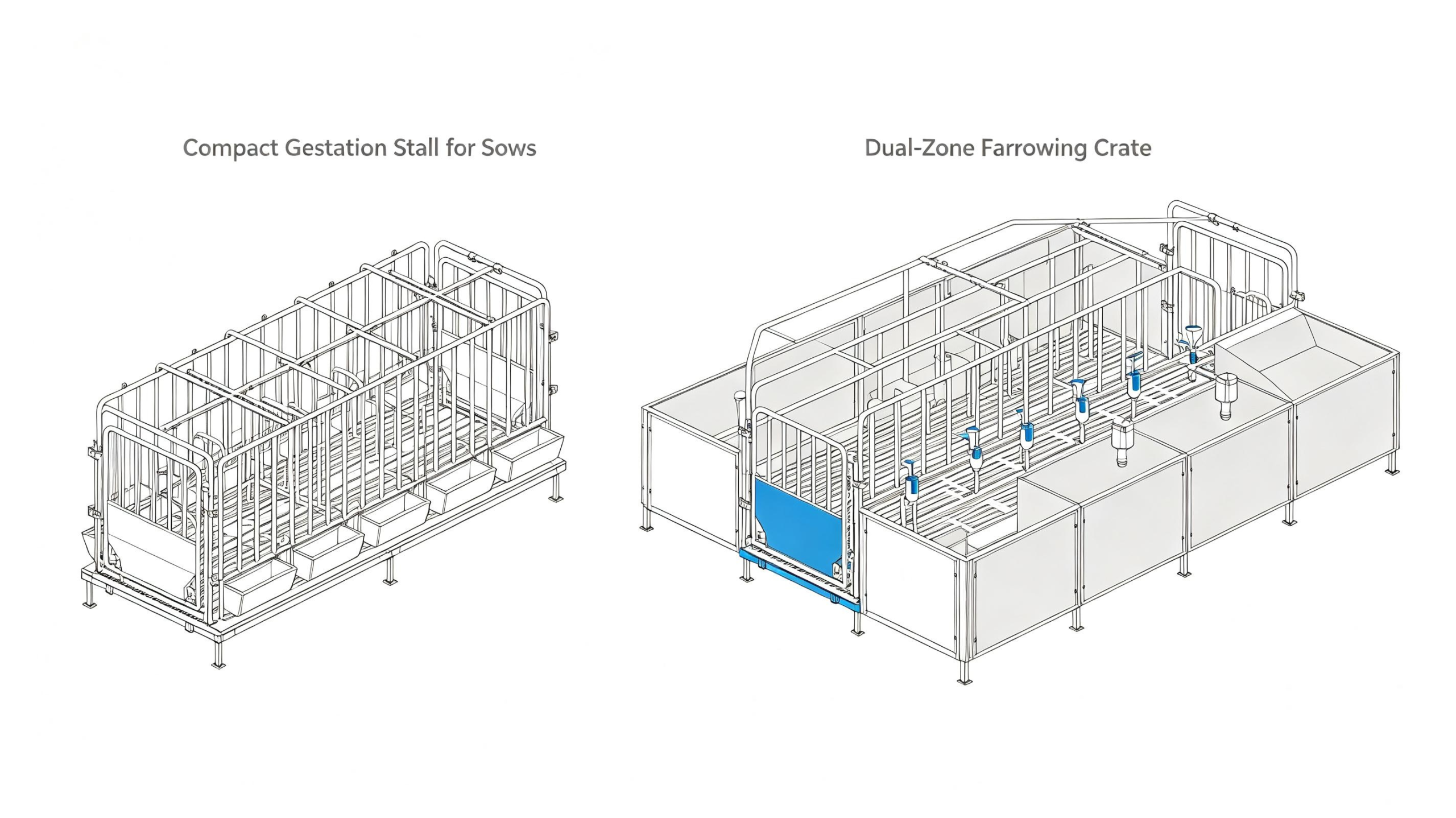 structural difference between gestation crate and farrowing crate for sow breeding