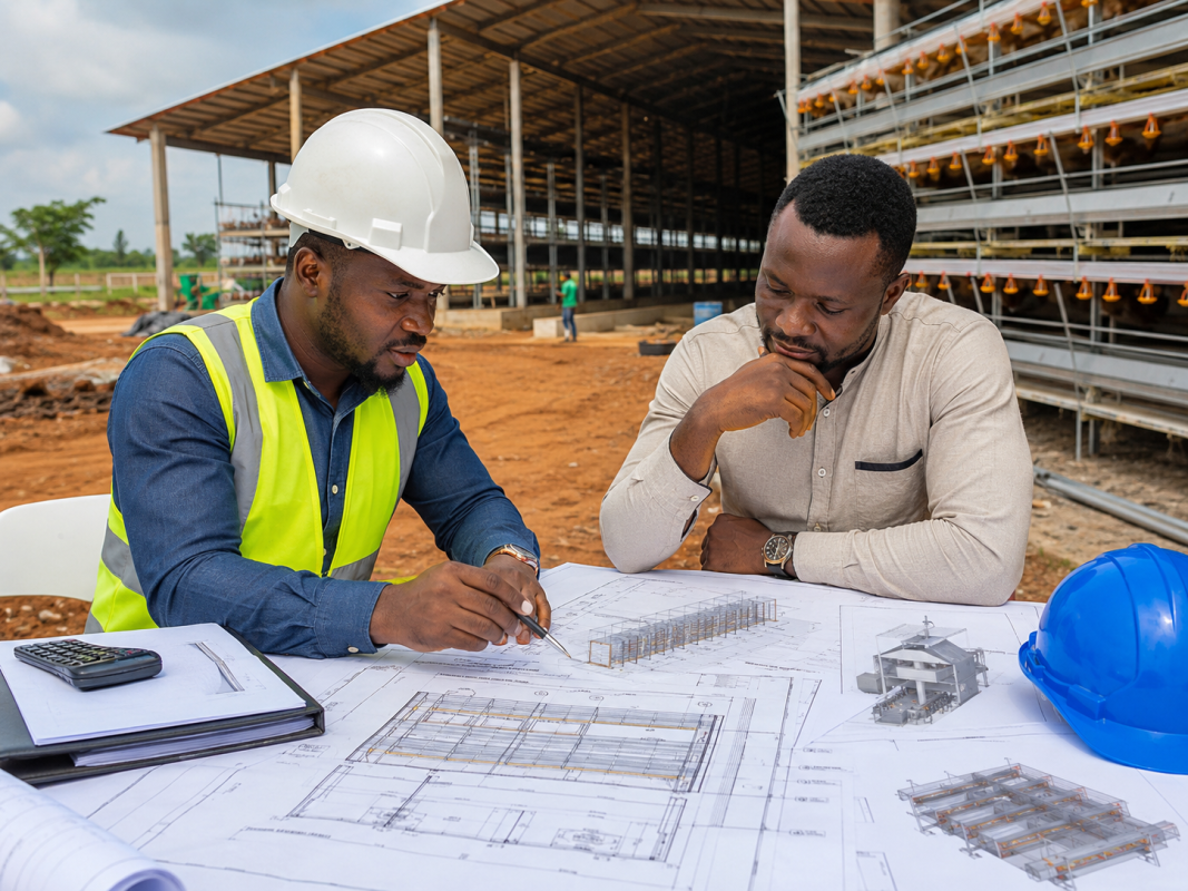 Engineer and poultry farm investor reviewing a 20,000-layer chicken farm layout and equipment plan in Nigeria