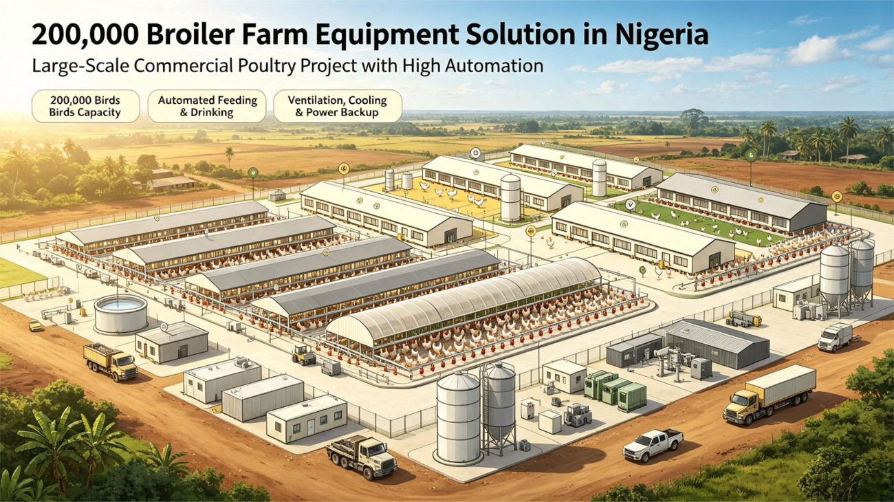Lösung für die Ausstattung einer Masthähnchenzuchtanlage mit 200.000 Tieren in Nigeria