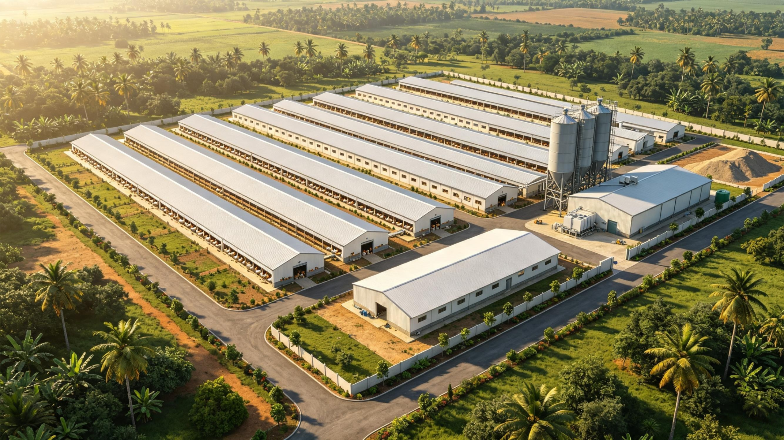 Schlüsselfertige Anlagenplanung für eine Hühnerfarm mit 50.000 Legehennen in Nigeria, einschließlich automatischer Käfige, Futtersilos, Kühlmatten, Eiersammelsystem und Notstromaggregat