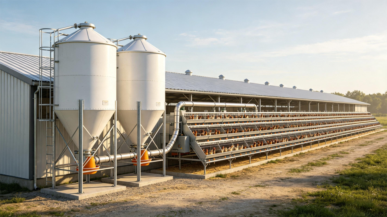 Automatisches Fütterungssystem mit Futtersilo und Geflügelfütterungsanlage für eine große Legehennenfarm mit 50.000 Tieren in Nigeria