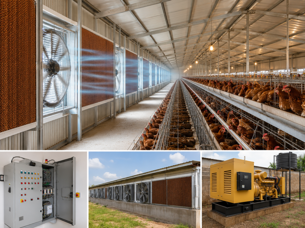 Ventilation d'un poulailler, panneaux de refroidissement et groupe électrogène de secours pour un élevage de poules pondeuses au Nigeria